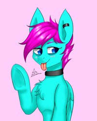 Size: 1600x2000 | Tagged: safe, artist:zachc, oc, oc only, pegasus, pony, chest fluff, choker, concave belly, female, piercing, ribcage, simple background, slender, solo, thin, tongue out, underhoof