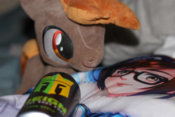 Size: 5184x3456 | Tagged: safe, button mash, pony, g4, body pillow, energy drink, irl, male, mei, overwatch, photo, plushie, solo