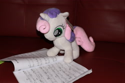 Size: 5184x3456 | Tagged: safe, sweetie belle, pony, unicorn, g4, female, irl, music, music notes, photo, plushie, reading, solo, song book