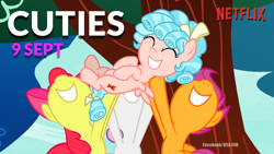 Size: 1360x768 | Tagged: safe, edit, edited screencap, screencap, apple bloom, cozy glow, scootaloo, sweetie belle, earth pony, pegasus, pony, g4, marks for effort, bow, caption, cutie mark crusaders, cuties, cuties (series), female, filly, logo, netflix, this will end in fillycon, this will not end well, tree, we are going to hell, why