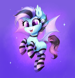 Size: 2158x2261 | Tagged: safe, artist:confetticakez, oc, oc only, oc:neon mist, bat pony, pony, abstract background, chest fluff, choker, clothes, cute, cute little fangs, ear fluff, fangs, female, filly, flower, flower in hair, high res, jewelry, mare, necklace, ocbetes, socks, solo, sparkles, striped socks