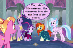 Size: 1053x702 | Tagged: safe, edit, edited screencap, editor:korora, screencap, luster dawn, silverstream, starlight glimmer, sunburst, twilight sparkle, alicorn, classical hippogriff, hippogriff, pony, g4, the last problem, clothes, crown, cute, diastreamies, glasses, glimmerbetes, hoof shoes, jewelry, lusterbetes, necklace, older, older silverstream, older starlight glimmer, older sunburst, older twilight, older twilight sparkle (alicorn), peytral, princess twilight 2.0, regalia, robe, school of friendship, speech, speech bubble, suit, that hippogriff sure does love stairs, twiabetes, twilight sparkle (alicorn)