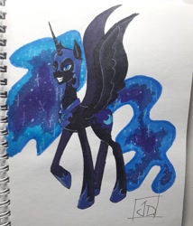 Size: 1080x1263 | Tagged: safe, artist:crazydarknes666, nightmare moon, alicorn, pony, g4, ethereal mane, female, grin, helmet, hoof shoes, mare, peytral, raised hoof, smiling, starry mane, traditional art