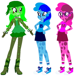 Size: 562x576 | Tagged: safe, artist:hubfanlover678, artist:selenaede, human, equestria girls, g4, base used, base:selenaede, blue (blue's clues), blue hair, blue socks, blue's clues, boots, clothes, crossover, equestria girls style, equestria girls-ified, fangs, female, girly girl, glasses, gloves, green hair, green puppy, high heel boots, high heels, humanized, magenta (blue's clues), pink hair, pink shoes, pink socks, polka dots, shoes, shorts, skirt, sneakers, socks, tomboy, tongue out, trio, trio female