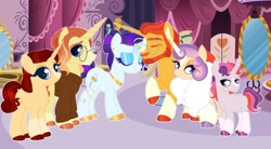 Size: 1280x709 | Tagged: safe, artist:vintagefeline, rarity, sunburst, oc, oc:ace action, oc:cozy autumn, oc:ruby victory, oc:vintage amethyst, pony, unicorn, g4, alternate cutie mark, beard, blank flank, carousel boutique, clothes, coat markings, colored hooves, ear piercing, earring, eyeshadow, facial hair, family, feather boa, female, freckles, glasses, horn, jewelry, long horn, makeup, male, mare, moustache, necklace, offspring, parent:rarity, parent:sunburst, parents:rariburst, piercing, rariburst, shipping, socks (coat markings), stallion, straight, sweater