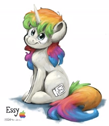 Size: 2170x2510 | Tagged: safe, artist:rigbyh00ves, oc, oc only, oc:essy, object pony, original species, pony, unicorn, high res, macintosh (computer), multicolored hair, operating system, ponified, rainbow hair, solo