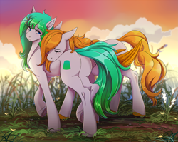 Size: 2753x2186 | Tagged: safe, artist:1an1, oc, oc only, oc:gumdrop, oc:rising dawn, earth pony, pegasus, pony, butt, colored hooves, duo, eyes closed, high res, multicolored tail, plot, raised hoof