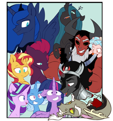 Size: 4212x4500 | Tagged: safe, artist:chub-wub, cozy glow, discord, king sombra, lord tirek, princess luna, queen chrysalis, starlight glimmer, sunset shimmer, tempest shadow, trixie, twilight sparkle, alicorn, centaur, changeling, draconequus, pegasus, pony, unicorn, absurd resolution, antagonist, broken horn, colored horn, curved horn, female, filly, floppy ears, green background, horn, male, mare, nose piercing, nose ring, open mouth, piercing, raspberry, reformed villain, septum piercing, simple background, smiling, tongue out, twilight sparkle (alicorn)