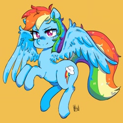 Size: 1920x1920 | Tagged: safe, artist:haichiroo, rainbow dash, pegasus, pony, g4, female, flying, mare, simple background, solo, white pupils, wings, yellow background