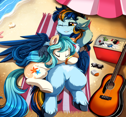 Size: 3030x2800 | Tagged: safe, artist:pridark, oc, oc only, oc:seascape, oc:skysail, hippogriff, pegasus, pony, acoustic guitar, beach, beach towel, beach umbrella, commission, cooler, drink, eyes closed, female, guitar, high res, hippogriff oc, male, multicolored hair, musical instrument, oc x oc, ocean, one eye closed, relaxing, sand, seasail, shipping, smiling, soda, straight, summer, sunglasses, sunscreen, unshorn fetlocks, water