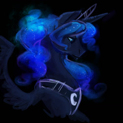 Size: 1280x1280 | Tagged: safe, artist:snickerdoobles, princess luna, alicorn, pony, g4, bust, diadem, ethereal mane, female, mare, peytral, portrait, profile, solo, spread wings, starry mane, wings