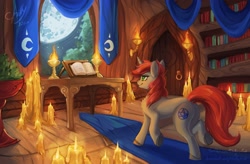 Size: 2048x1347 | Tagged: safe, artist:chillyfish, oc, oc only, pony, unicorn, book, bookshelf, brazier, candle, female, mare, moon, solo, tapestry, window