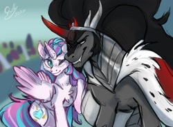 Size: 1773x1302 | Tagged: safe, artist:chillyfish, king sombra, princess flurry heart, alicorn, pony, unicorn, g4, cape, chest fluff, clothes, female, larger male, male, mare, older, older flurry heart, one eye closed, ship:flurrybra, size difference, smaller female, stallion