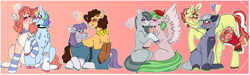 Size: 5292x1584 | Tagged: safe, artist:plagued-arts, cheese sandwich, flim, limestone pie, marble pie, maud pie, pinkie pie, rainbow dash, watermelody, earth pony, pegasus, pony, unicorn, g4, blushing, bouquet, bow, bowtie, cheek kiss, chest fluff, choker, chokerdash, clothes, equestria girls ponified, female, flimstone, flower, glasses, gradient background, heart, jewelry, kissing, lesbian, male, marblemelody, maudwich, necklace, pie sisters, ponified, ship:pinkiedash, shipping, siblings, sisters, socks, straight, striped socks, tongue out