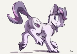 Size: 2400x1708 | Tagged: safe, artist:kam, oc, oc only, earth pony, pony, butt, commission, dock, featureless crotch, hair, looking back, male, plot, signature, simple background, solo, stallion, tail, underhoof, unshorn fetlocks, white background