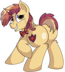 Size: 4000x4450 | Tagged: safe, artist:rainbowtashie, oc, oc:sparkling apples, earth pony, pony, unicorn, bowtie, butt, colt, commissioner:bigonionbean, cutie mark, flank, fusion, fusion:apple bloom, fusion:dinky hooves, male, plot, rule 63, simple background, the ass was fat, transparent background, writer:bigonionbean
