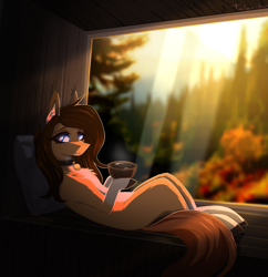 Size: 2700x2790 | Tagged: safe, artist:taleriko, oc, oc only, earth pony, pony, rcf community, bell, bell collar, collar, cottagecore, food, forest, high res, pillow, solo, tea, window