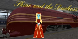 Size: 1024x512 | Tagged: safe, artist:trainman3985, oc, oc only, oc:shine, equestria girls, g4, breasts, cleavage, clothes, dress, female, gown, locomotive, solo, steam locomotive, train, train station
