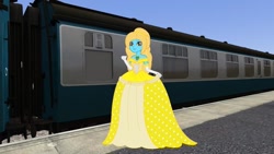 Size: 900x507 | Tagged: safe, artist:trainman3985, octavia melody, oc, oc only, oc:shine, equestria girls, g4, breasts, cleavage, clothes, dress, female, gown, solo, train, train station