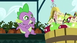 Size: 1920x1080 | Tagged: safe, screencap, spike, dragon, g4, the big mac question, apple, carrot, cute, food, male, solo, spikabetes, winged spike, wings