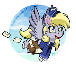Size: 888x777 | Tagged: safe, artist:inuhoshi-to-darkpen, derpy hooves, pegasus, pony, g4.5, my little pony: pony life, unboxing day, cheek fluff, female, flying, hoof fluff, letter, mail, mailbag, open mouth, simple background, solo, transparent background