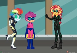 Size: 1280x879 | Tagged: safe, artist:dieart77, rainbow dash, scootaloo, sunset shimmer, zapp, oc, oc:mez-mare-a, equestria girls, g4, behaving like a chicken, catsuit, clothes, costume, goggles, henbow dash, hero, hypnosis, hypnotized, patreon, patreon logo, power ponies, superhero, swirly eyes