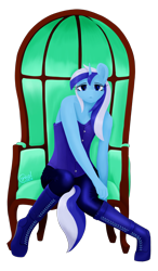 Size: 2522x4317 | Tagged: safe, artist:alicorn-without-horn, minuette, unicorn, anthro, unguligrade anthro, g4, boots, chair, clothes, corset, female, latex, looking at you, mare, pants, shoes, simple background, solo, transparent background