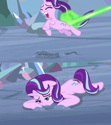 Size: 1280x1440 | Tagged: safe, edit, edited screencap, screencap, queen chrysalis, starlight glimmer, pony, unicorn, g4, the ending of the end, blast, comic, female, literal butthurt, magic, magic beam, magic blast, offscreen character, pain, solo