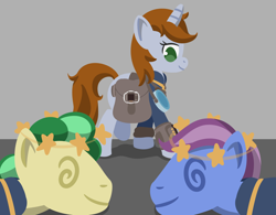 Size: 1920x1500 | Tagged: safe, artist:toshimatsu, derpibooru exclusive, oc, oc only, oc:littlepip, earth pony, pony, unicorn, fallout equestria, bag, canteen, circling stars, clothes, dizzy, fanfic, fanfic art, female, flask, hooves, horn, jumpsuit, knocked out, lineless, male, mare, pipbuck, saddle bag, simple background, smiling, stable 2, stallion, swirly eyes, unconscious, vault suit, walking