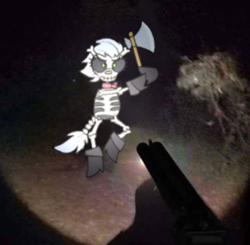 Size: 473x464 | Tagged: source needed, useless source url, safe, artist:sugar morning, skellinore, pony, skeleton pony, g4, the break up breakdown, axe, bone, boots, clothes, female, forest, gun, irl, mare, meme, night, photo, ponified meme, ponified photo, running, shoes, shotgun, skeleton, spoopy, weapon
