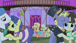 Size: 1280x720 | Tagged: safe, screencap, applejack, fine line, granny smith, masquerade, maxie, orion, ponet, shooting star (g4), earth pony, pony, unicorn, g4, simple ways, applejewel, clothes, dress, female, hat, male, mare, night, ponyville town hall, stallion