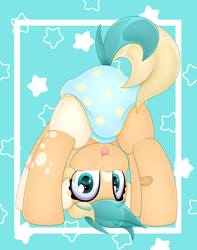 Size: 3154x4000 | Tagged: safe, artist:duckie, oc, oc only, oc:sun light, earth pony, pony, :p, abdl, abstract background, anime eyes, bandage, bandaid, coat markings, diaper, diaper fetish, eye clipping through hair, eyebrows, eyebrows visible through hair, female, fetish, filly, high res, looking at you, looking between legs, non-baby in diaper, silly, silly face, silly pony, simple background, solo, tongue out, upside down
