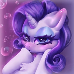 Size: 1280x1280 | Tagged: safe, artist:...macabre..., rarity, pony, unicorn, g4, blushing, bubble, digital painting, ear blush, female, makeup, solo