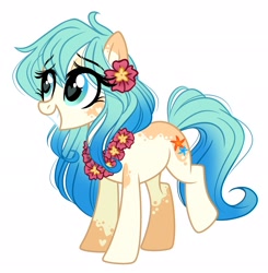 Size: 2008x2048 | Tagged: safe, artist:emberslament, oc, oc only, oc:seascape, earth pony, pony, cute, female, flower, flower in hair, happy, heart eyes, high res, lei, mare, raised leg, simple background, solo, white background, wingding eyes