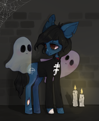 Size: 2320x2824 | Tagged: safe, artist:sweaty_peach, earth pony, ghost, pony, undead, zombie, zombie pony, bone, bricks, bring me the horizon, candle, colored pupils, commission, fangs, glasgow smile, high res, long sleeves, male, messy mane, oliver sykes, scar, solo, spider web, stallion, stitches, tattoo, torn ear, ych result