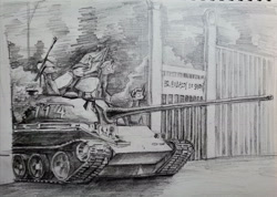Size: 1920x1367 | Tagged: safe, artist:eds233, changeling, fanfic art, helmet, military, saigon, t-54, tank (vehicle), traditional art, vietnam war, weapon
