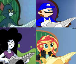Size: 851x720 | Tagged: safe, sunset shimmer, equestria girls, g4, comparison, down beat bear, male, meme, newspaper, ponified meme, smg4, sr pelo, super mario bros., tom and jerry, tom cat, tom reading the newspaper
