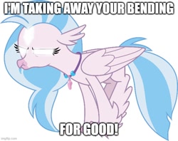 Size: 630x500 | Tagged: safe, artist:payback, edit, vector edit, silverstream, classical hippogriff, hippogriff, g4, aang, avatar silverstream, avatar state, avatar the last airbender, behaving like a bird, female, glowing eyes, horsebird, jewelry, meme, necklace, perching, simple background, solo, text, the legend of korra, vector, white background
