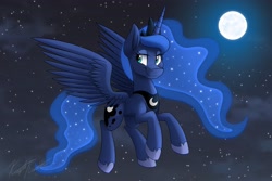 Size: 4096x2731 | Tagged: safe, artist:kaylerustone, princess luna, alicorn, pony, g4, female, flying, full moon, high res, mare, moon, night, sky, solo, spread wings, starry night, stars, wings