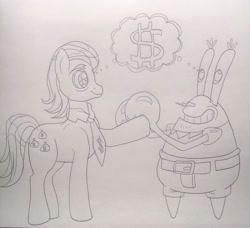 Size: 2218x2025 | Tagged: safe, filthy rich, earth pony, pony, g4, crossover, dollar sign, high res, male, mr. krabs, photo, spongebob squarepants, traditional art