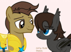 Size: 320x233 | Tagged: source needed, useless source url, safe, artist:thunder m, oc, oc:duna sweet chocolate, oc:shield inv, bat pony, earth pony, pony, animated, armor, bat pony oc, bat wings, blue eyes, blushing, brown eyes, brown mane, female, gif, kiss on the lips, kissing, male, mare, oc x oc, shipping, spread wings, stallion, stallion on mare, straight, surprise kiss, wingboner, wings