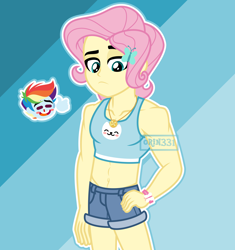 Size: 3754x4000 | Tagged: safe, artist:orin331, fluttershy, rainbow dash, equestria girls, g4, abs, blood, blushing, butterscotch, butterscotch mercury, chibi, clothes, crossdressing, denim shorts, equestria guys, femboy, gay, geode of fauna, girly, hand on hip, magical geodes, male, muscles, muscular male, nosebleed, pink hair, rainbow blitz, rule 63, ship:butterblitz, ship:flutterdash, shipping, short shirt, shorts, tank top, thumbs up, unamused, wristband, yellow skin