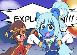 Size: 2091x1504 | Tagged: safe, artist:artiks, pegasus, pony, unicorn, anime, aqua (konosuba), crossover, female, konosuba, magic staff, mare, megumin, open mouth, ponified, speech bubble, staff