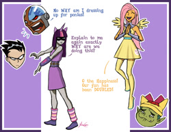 Size: 1024x791 | Tagged: safe, artist:janeesper, apple bloom, fluttershy, twilight sparkle, g4, beast boy, clothes, cosplay, costume, cyborg (dc comics), raven (dc comics), robin (dc comics), starfire, starshy, tara strong, teen titans, the fun has been doubled, twiraven, voice actor joke