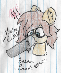 Size: 1484x1784 | Tagged: safe, artist:solder point, oc, oc only, oc:heartbreak, oc:solder point, earth pony, pony, boop, bust, colored, cute, duo, ear fluff, hoof fluff, lined paper, nose wrinkle, offscreen character, signature, traditional art