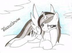 Size: 2851x2104 | Tagged: safe, artist:dj-sky-storm-117, oc, oc only, oc:monochrome, alicorn, pony, alicorn oc, black and white, cloud, grayscale, high res, horn, lying down, lying on a cloud, monochrome, on a cloud, pose, solo, traditional art, wings