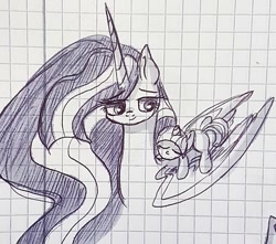 Size: 923x817 | Tagged: safe, artist:galaxy.in.mind, twilight sparkle, oc, oc only, oc:velvet spark, alicorn, pony, unicorn, g4, the last problem, duo, eyes closed, female, graph paper, horn, magical lesbian spawn, mare, mother and child, mother and daughter, offspring, older, older twilight, older twilight sparkle (alicorn), parent:tempest shadow, parent:twilight sparkle, parents:tempestlight, ponies riding ponies, princess twilight 2.0, riding, sleeping, traditional art, twilight sparkle (alicorn), unicorn oc