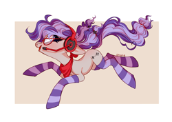 Size: 4093x2894 | Tagged: safe, artist:shore2020, oc, oc only, oc:cinnabyte, earth pony, pony, clothes, female, glasses, headphones, mare, pigtails, socks, solo, striped socks