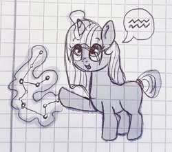 Size: 1049x929 | Tagged: safe, artist:galaxy.in.mind, oc, oc only, oc:velvet spark, pony, constellation, female, filly, glowing horn, graph paper, horn, looking up, magic, magical lesbian spawn, offspring, parent:tempest shadow, parent:twilight sparkle, parents:tempestlight, raised hoof, smiling, solo, telekinesis, traditional art