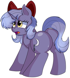 Size: 5600x6200 | Tagged: safe, artist:rainbowtashie, oc, oc:evening emeralds, earth pony, pony, unicorn, bow, butt, commissioner:bigonionbean, confused, cute, cutie mark, embarrassed, female, flank, fusion, fusion:igneous rock pie, fusion:night light, mare, plot, rule 63, simple background, the ass was fat, transparent background, writer:bigonionbean